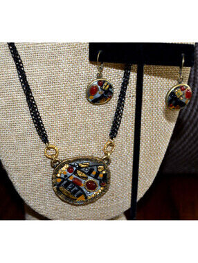 Vintage MICHAL GOLAN Drop Earrings Pendant Necklace MIXED MATERIAL Jewelry Set